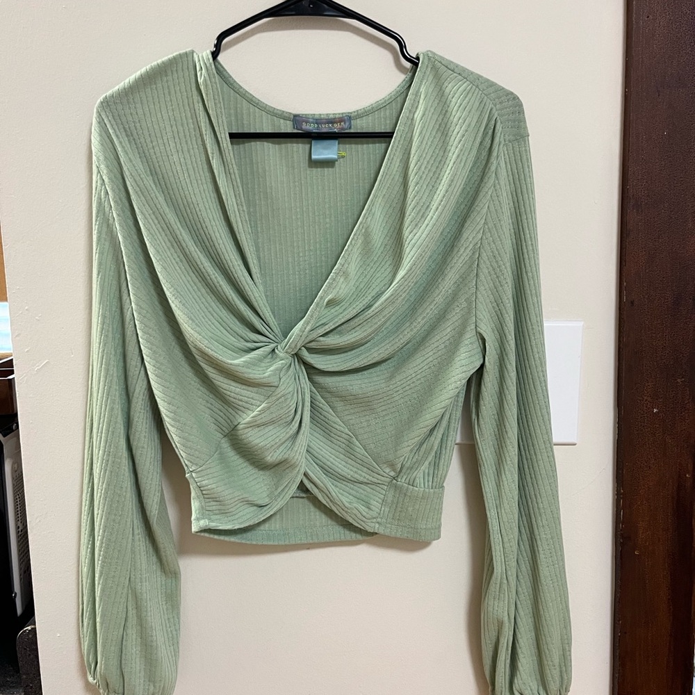 Good Luck Gem Green Ruched Crop Blouse